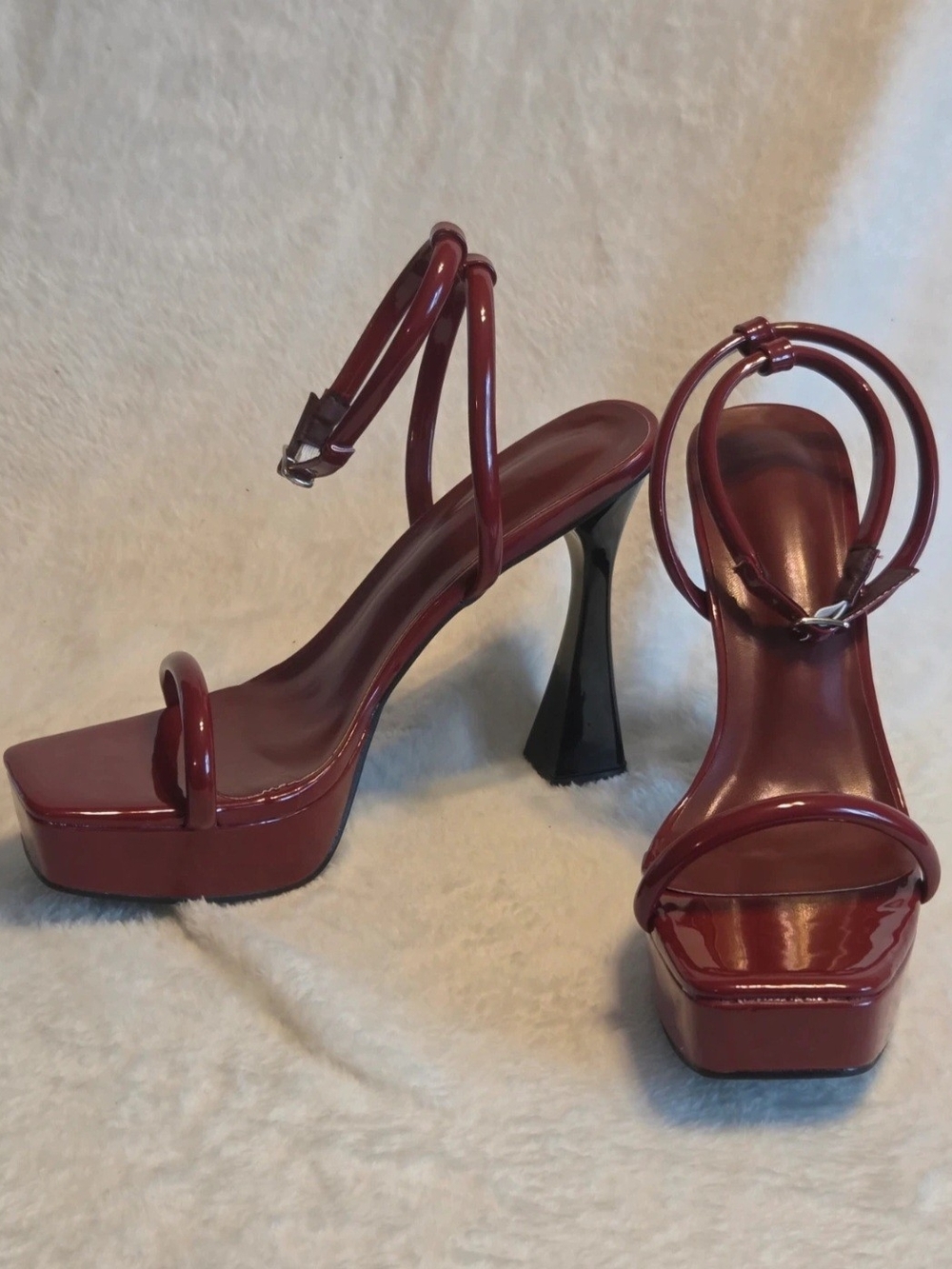 Patent Platform Ankle-Strap Heels in Burgundy